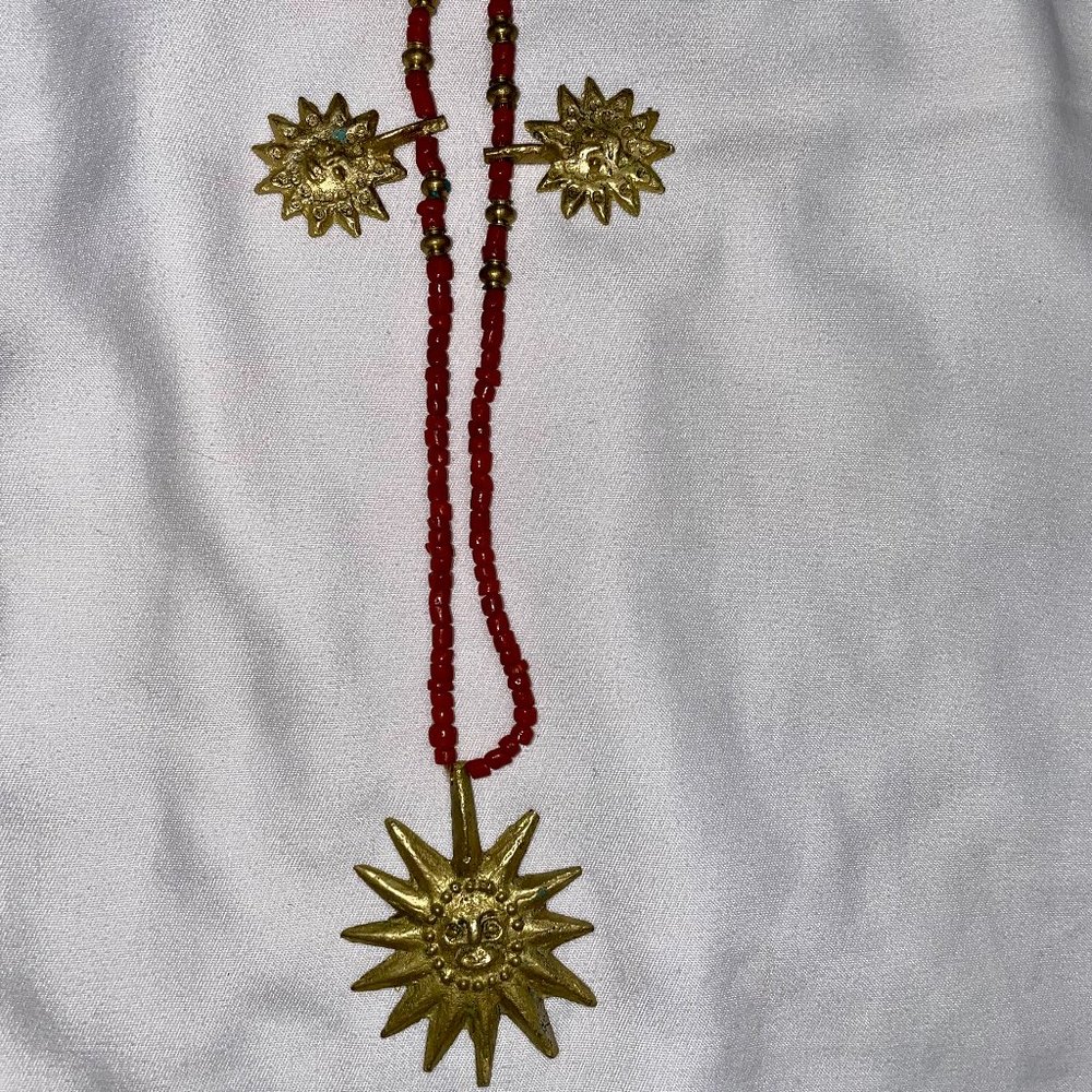 Red Bead and Brass Sun Necklace